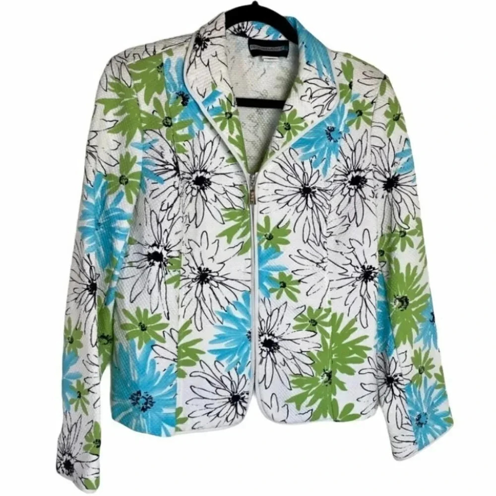 Requirements‎ 12 blue/green floral zip blazer colorful spring